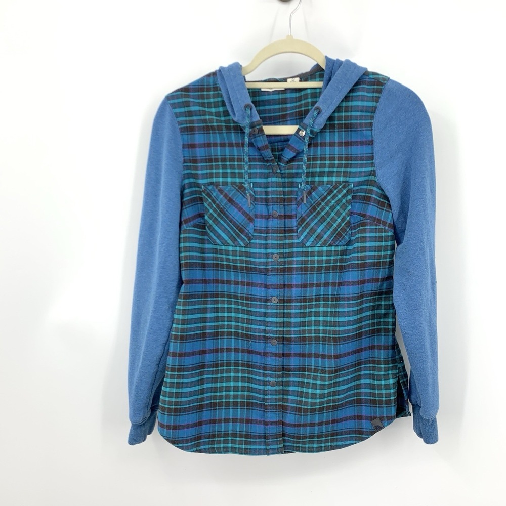 LL Bean Women Size XS Shirt Blue Flannel Plaid Snap Down Hoodie Top Stretch